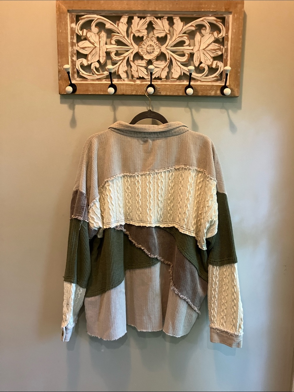 Oli & Hali Patchwork Mixed-Knit Women's Sweater/Jacket— Olive, Cream, Grey EUC L - Picture 2 of 6
